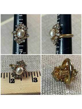 B E COOK London Pearl White Rhinestone Gold Tone Ring 6.5